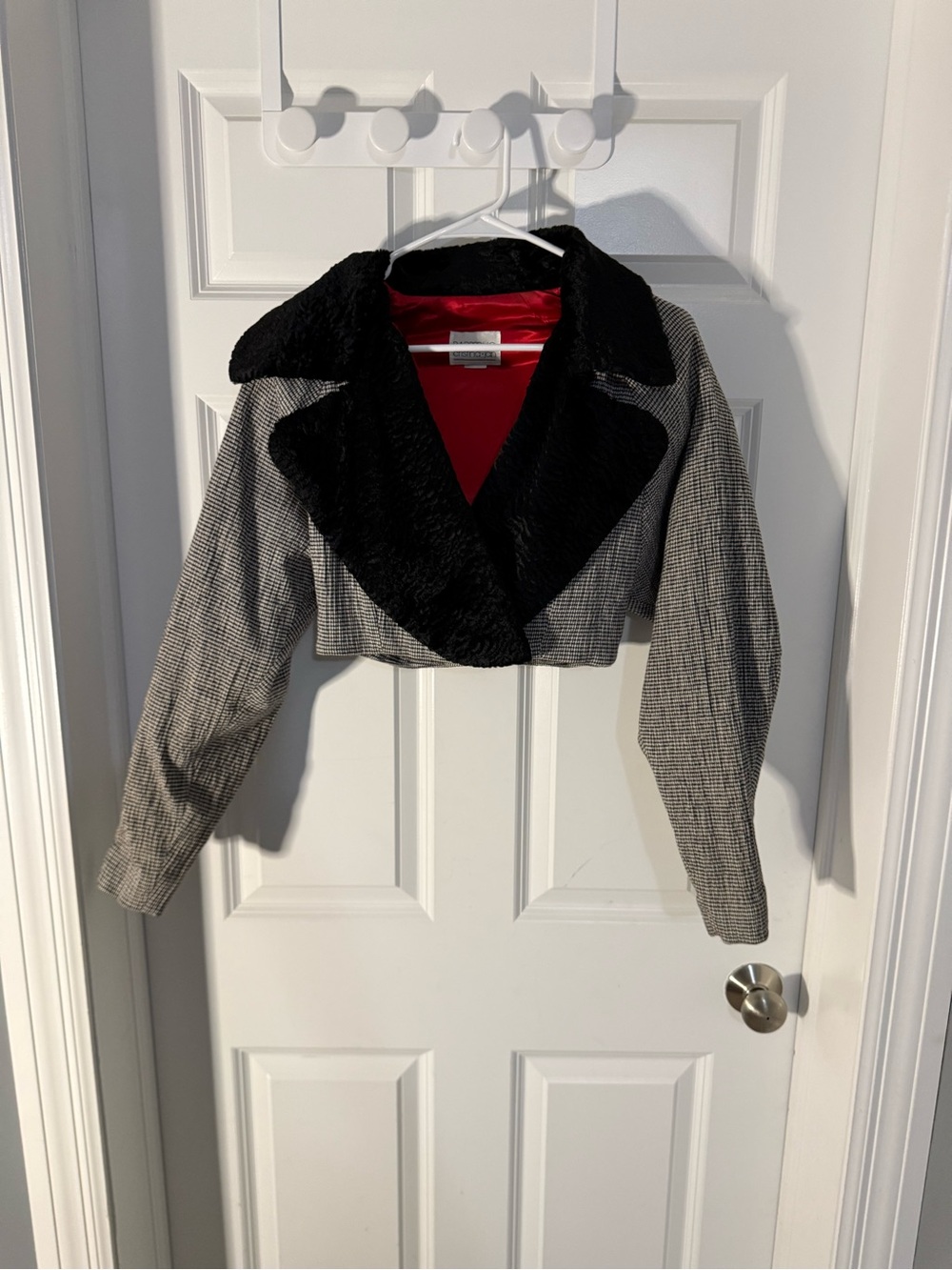 VTG 80s Jan Barboglio Cristina Jan Houndstooth Cropped Bolero Jacket Faux Fur